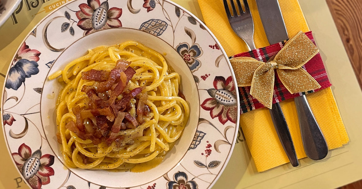 plate of carbonara for a corporate Christmas dinner